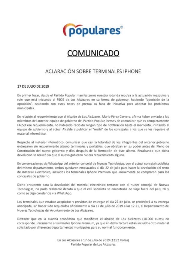 Respuesta y aclaración del PP de Los Alcázares sobre terminales iPhone 1 1