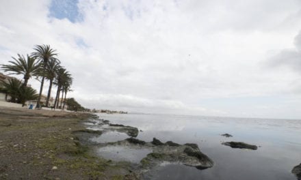 El Mar Menor esta teñido de un color negro en Los Urrutias por la descomposición de algas