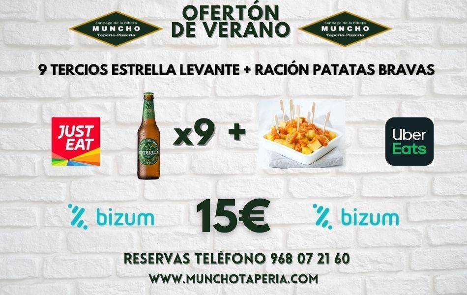 Oferta en Muncho Taperia – Pizzeria: 9 tercios de Estrella Levante y ración de patatas bravas a 15 euros